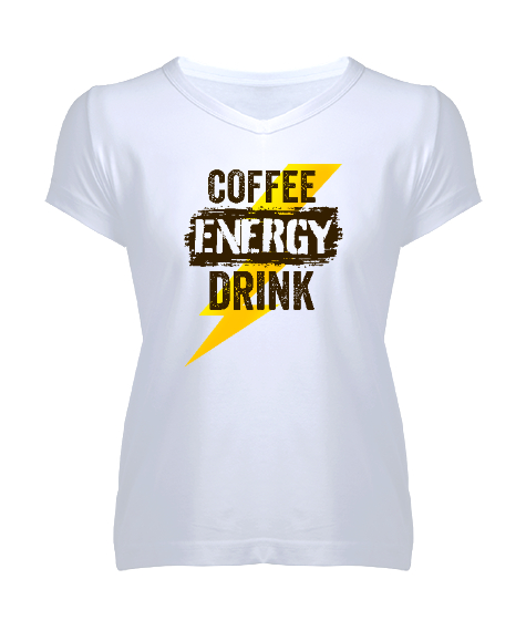 Tisho - Kahve Enerji Verir Beyaz Kadın V Yaka Tişört