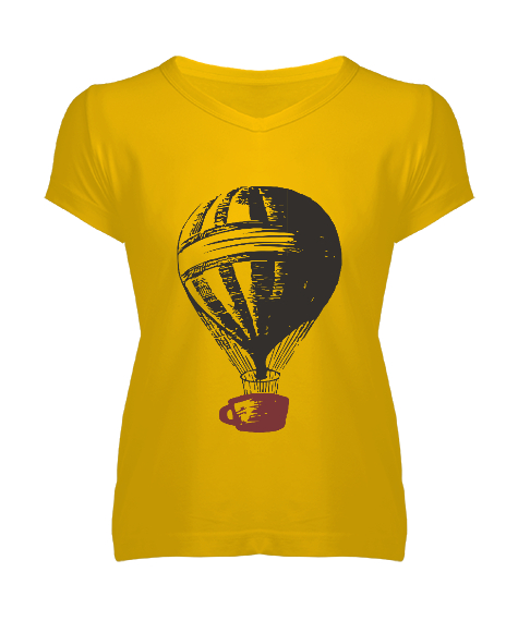 Tisho - Kahve fincanı Sarı Kadın V Yaka Tişört