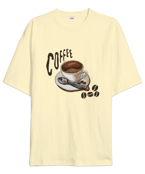 Tisho - Kahve Fincanı Tasarımlı Krem Oversize Unisex Tişört
