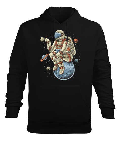 Tisho - Kahve İçen Astronot - Astronaut with Coffee Vintage Baskılı Siyah Erkek Kapüşonlu Hoodie Sweatshirt