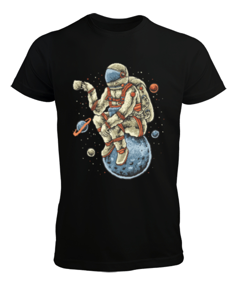 Tisho - Kahve İçen Astronot - Astronaut with Coffee Vintage Baskılı Siyah Erkek Tişört