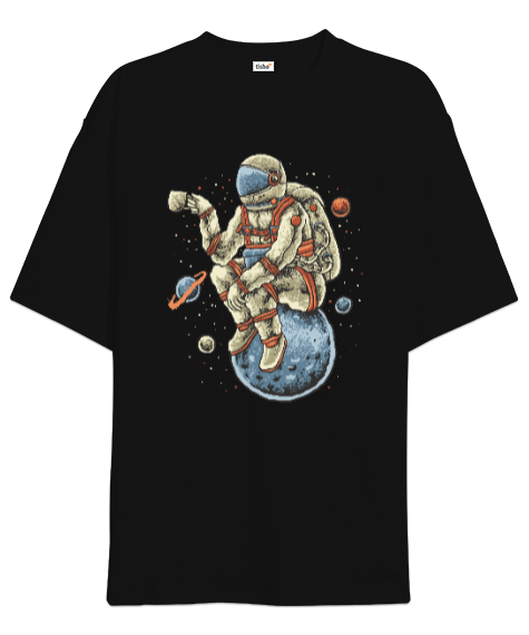 Tisho - Kahve İçen Astronot - Astronaut with Coffee Vintage Baskılı Siyah Oversize Unisex Tişört