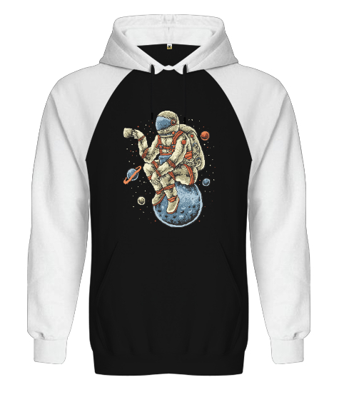 Tisho - Kahve İçen Astronot - Astronaut with Coffee Vintage Baskılı Siyah/Beyaz Orjinal Reglan Hoodie Unisex Sweatshirt