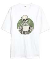 Kahve İçen İskelet - Skeleton Coffee Beyaz Oversize Unisex Tişört - Tisho