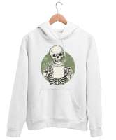 Kahve İçen İskelet - Skeleton Coffee Beyaz Unisex Kapşonlu Sweatshirt - Tisho