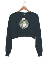 Kahve İçen İskelet - Skeleton Coffee Füme Kadın Crop Sweatshirt - Tisho