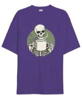 Kahve İçen İskelet - Skeleton Coffee Mor Oversize Unisex Tişört - Tisho
