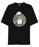 Kahve İçen İskelet - Skeleton Coffee Siyah Oversize Unisex Tişört - Tisho