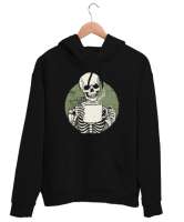 Kahve İçen İskelet - Skeleton Coffee Siyah Unisex Kapşonlu Sweatshirt - Tisho