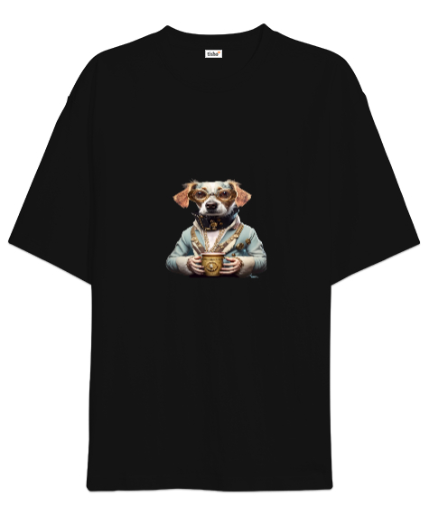 Tisho - Kahve İçen Köpek Figürlü Siyah Oversize Unisex Tişört