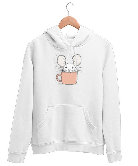 Tisho - Kahve İçen Sevimli Fare Beyaz Unisex Kapşonlu Sweatshirt