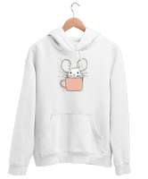 Kahve İçen Sevimli Fare Beyaz Unisex Kapşonlu Sweatshirt - Tisho