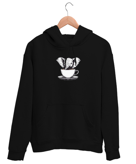 Tisho - Kahve İçen Sevimli Fil Siyah Unisex Kapşonlu Sweatshirt