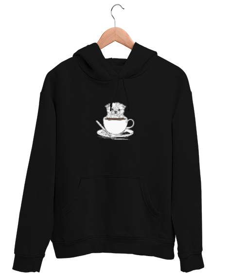 Tisho - Kahve İçen Sevimli Köpek Siyah Unisex Kapşonlu Sweatshirt