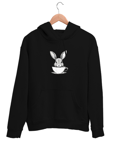 Tisho - Kahve İçen Sevimli Tavşan Siyah Unisex Kapşonlu Sweatshirt
