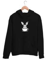 Kahve İçen Sevimli Tavşan Siyah Unisex Kapşonlu Sweatshirt - Tisho