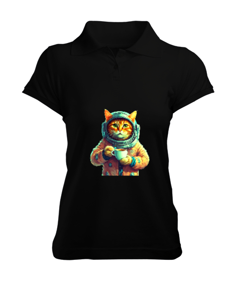 Tisho - Kahve İçen Uzaylı Kedi Siyah Kadın Polo Yaka Tişört