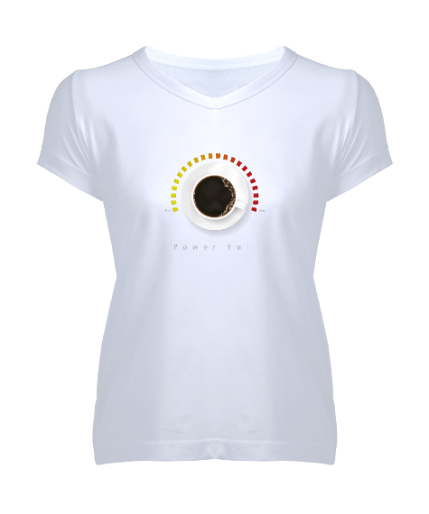 Tisho - Kahve İle Enerji Tam - Power Beyaz Kadın V Yaka Tişört