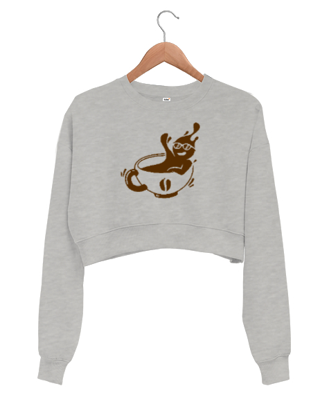 Tisho - Kahve Keyfi - Coffee Gri Kadın Crop Sweatshirt