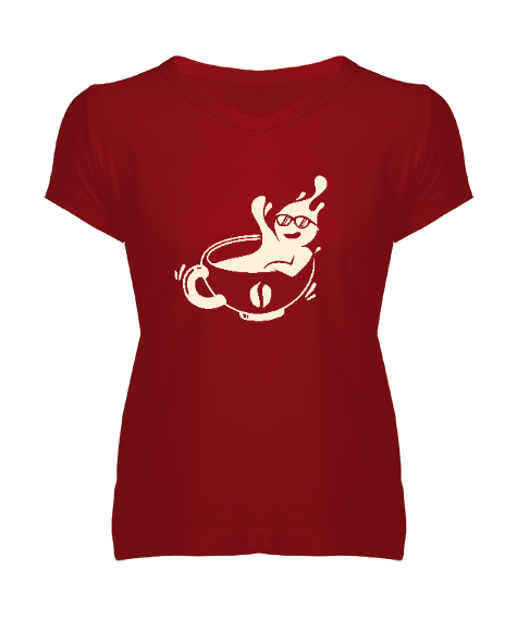 Tisho - Kahve Keyfi - Coffee Kırmızı Kadın V Yaka Tişört