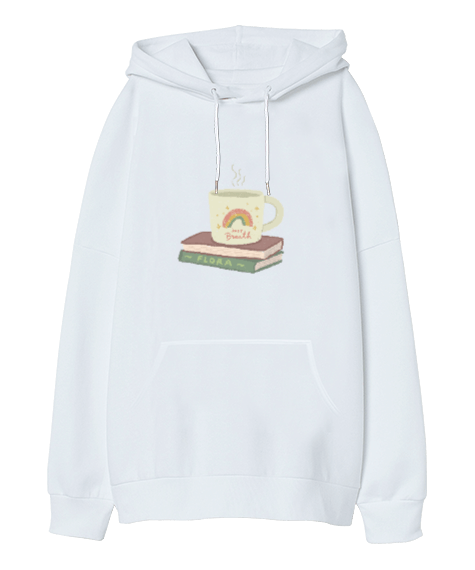 Tisho - Kahve kitap desenli Beyaz Oversize Unisex Kapüşonlu Sweatshirt