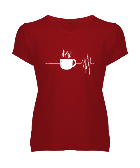 Tisho - Kahve Önce ve Sonra - Coffee Kırmızı Kadın V Yaka Tişört