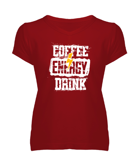 Tisho - Kahve ve Enerji Kırmızı Kadın V Yaka Tişört