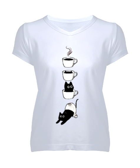 Tisho - Kahve Ve Kedi Tasarımı Beyaz Kadın V Yaka Tişört