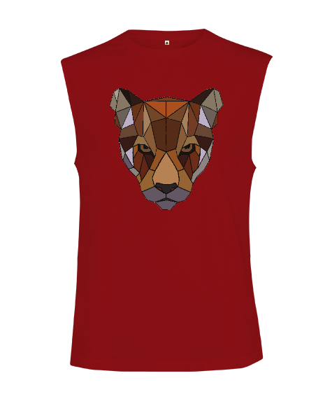 Kahverengi Soğuk Bakışlı Poligon Puma Suratı Kırmızı Kesik Kol Unisex Tişört