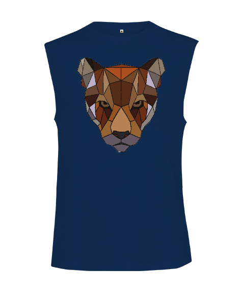 Kahverengi Soğuk Bakışlı Poligon Puma Suratı Lacivert Kesik Kol Unisex Tişört