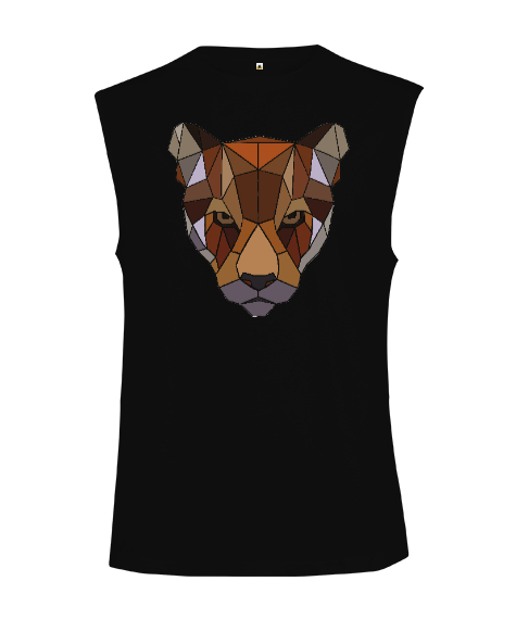 Tisho - Kahverengi Soğuk Bakışlı Poligon Puma Suratı Siyah Kesik Kol Unisex Tişört