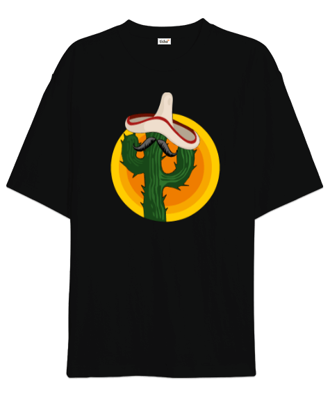 Tisho - Kaktüs Desenli Siyah Oversize Unisex T-shirt Oversize Unisex Tişört