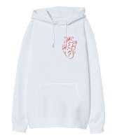Kalbim - Kalp Çizim Beyaz Oversize Unisex Kapüşonlu Sweatshirt - Tisho