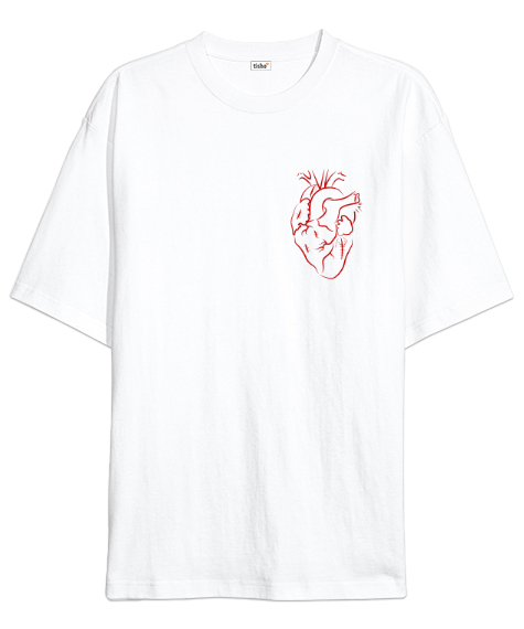 Tisho - Kalbim - Kalp Çizim Beyaz Oversize Unisex Tişört
