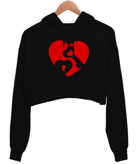 Tisho - Kalbimin Anahtarı Siyah Kadın Crop Hoodie Kapüşonlu Sweatshirt