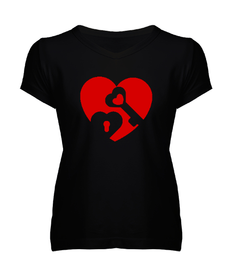 Tisho - Kalbimin Anahtarı Siyah Kadın V Yaka Tişört