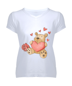 kalp ayıcık tasarımlı Kadın V Yaka Tişört - Tisho