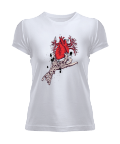 Kalp Baskılı Beyaz Kadın Tişört - Tisho