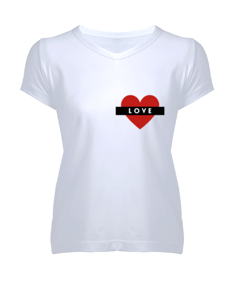 Tisho - Kalp Baskılı Beyaz Kadın V Yaka Tişört