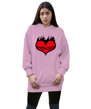 Kalp baskılı Kadın Uzun Hoodie Kapüşonlu Sweatshirt - Tisho