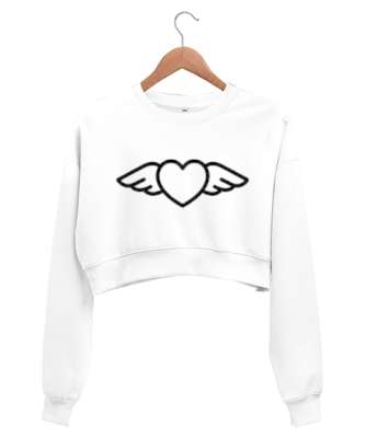kalp Beyaz Kadın Crop Sweatshirt - Tisho