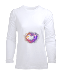 Kalp Beyaz Kadın Uzun Kol Tişört - Tisho