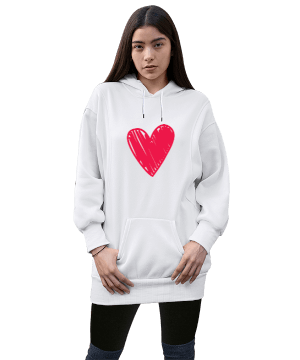 Tisho - Kalp Desenli Kadın Uzun Hoodie Kapüşonlu Sweatshirt
