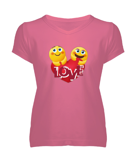 Tisho - Kalp Emojili Love Yazı Baskılı Pembe Kadın V Yaka Tişört