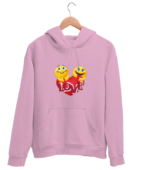 Tisho - Kalp Emojili Love Yazı Baskılı Pembe Unisex Kapşonlu Sweatshirt
