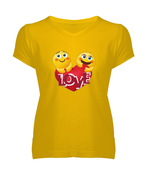 Tisho - Kalp Emojili Love Yazı Baskılı Sarı Kadın V Yaka Tişört