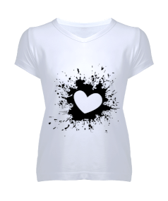 Kalp Figürlü Kadın V Yaka Tişört - Tisho
