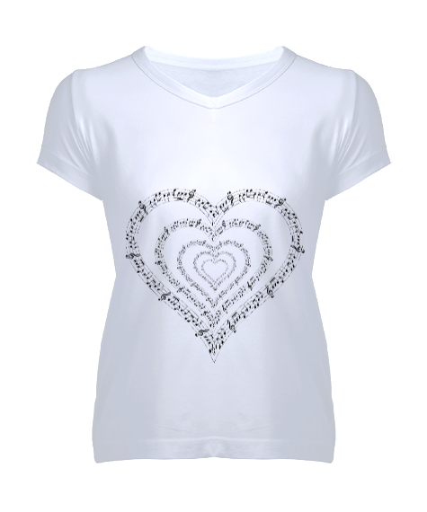 Tisho - Kalp içinde Notalardan Kalpler Baskılı Beyaz Kadın V Yaka Tişört