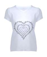 Kalp içinde Notalardan Kalpler Baskılı Beyaz Kadın V Yaka Tişört - Tisho
