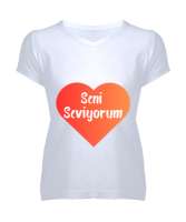 Kalp içinde Seni Seviyorum Beyaz Kadın V Yaka Tişört - Tisho
